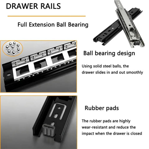 Heavy Duty 45mm Drawer Runners With Full Extension Drawer Slides Three Section Steel Ball Bearing Rails Side Mount features