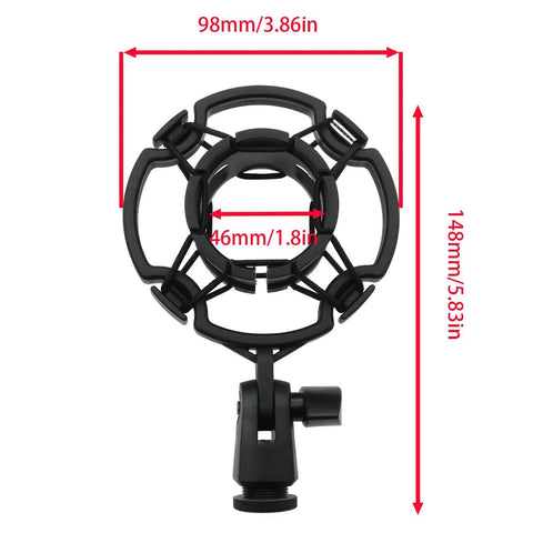 Universal Microphone Shock Mount For 42-46mm Mics, black anti-vibration mount with 3/8" or M16 thread, front view with dimensions