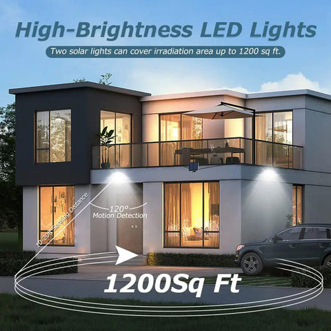 Outdoor Solar Motion Sensor Lights Bangin With 56 LED Dual Lamps illuminating modern house at night