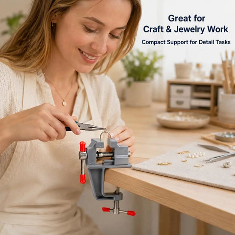 Person using Multi Functional Bench Vise With High Carbon Steel Build Mini Adjustable Clamp for jewelry making on table