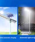 Heavy Duty Solar Streetlights For Patios And Driveways, IP66 Waterproof showing solar panel charging and nighttime illumination.