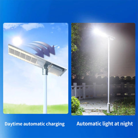 Heavy Duty Solar Streetlights For Patios And Driveways, IP66 Waterproof showing solar panel charging and nighttime illumination.