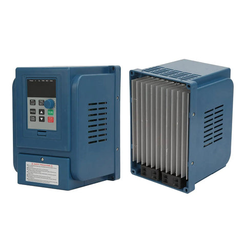 380V 6A VFD Inverter For 2.2kW 3-Phase Motors, Go-To Variable Frequency Drive With PWM Control, Low Noise, EMI Shield, Quick Install Speed Controller For Industrial Apps. blue housing front and side view