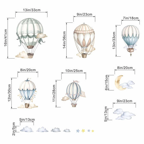 Hot Air Balloon Wall Decals For Nursery And Kids Room Peel And Stick Baby Room Decor That Won't Damage Walls Easy To Remove Safe For Infants Adorable Balloon Stickers Ages 0 To 12 showing various balloon designs with measurements