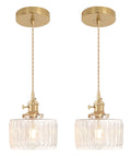 2 Pack Vintage Pendant Lights With Clear Striped Glass Shades And Slick Brass Finish Adjustable Hanging Fixtures For Kitchen Island Or Dining Room Featuring Warm Glowing Led Bulbs That Are Gonna Hit Different hanging from ceiling with golden finish and clear glass shades