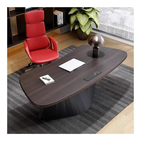 Rock Solid Adjustable Sit Stand Desk With Integrated Charging Outlets And Sculpted Wave Base For Heavy Duty Home Office and Ultimate Pro Gaming Workspace, top view with red chair.