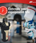 FA30IG In Line Air Filter for Three Eighths Inch Inlet shown with spray gun, highlighting equipment life extension.