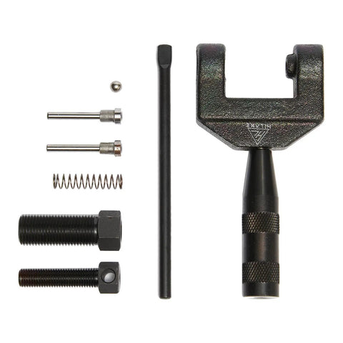 Chain Breaker Splitter Tool For Roller Chains, DIY Friendly Chain Cutter And Detacher For Motorcycle Go Kart Mini Bike Dirt Bike 428 520 525 530 And Extensions Included, steel parts and extensions visible.