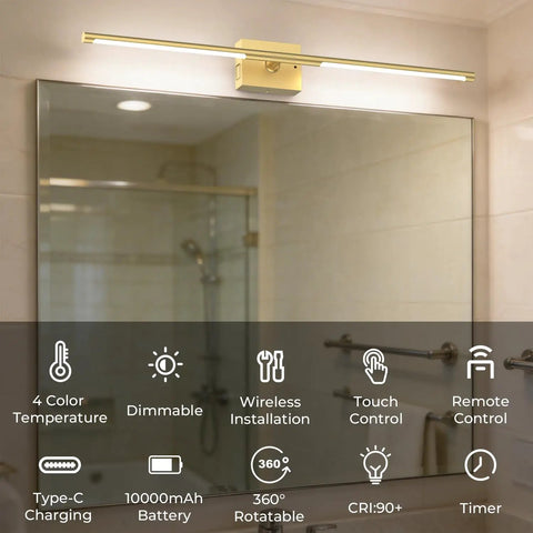 Keep Your Home Lit Tonight With These Rechargeable Wall Sconces Set Of Two Packed With A Solid 10000mAh Battery For Nonstop Glow And Dimmable 4Cct Tones To Match Any Room Vibe In Sleek Gold Finish, modern wall sconce above mirror.