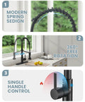 Black Kitchen Faucet With Soap Dispenser And Pull Down Sprayer No Frills Single Handle Stainless Steel RV Camper Farmhouse Sink Tap For Kitchen Sink Easy Install Durable High Arc Design with 360-degree rotation and single handle control