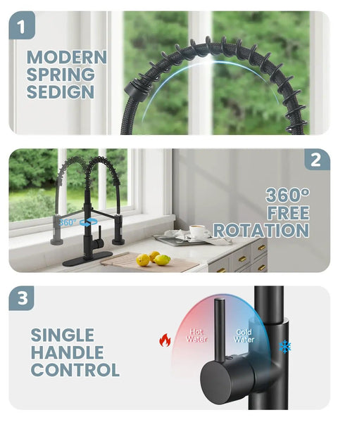 Black Kitchen Faucet With Soap Dispenser And Pull Down Sprayer No Frills Single Handle Stainless Steel RV Camper Farmhouse Sink Tap For Kitchen Sink Easy Install Durable High Arc Design with 360-degree rotation and single handle control