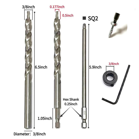 4 Piece 3 By 8 Inch Drill Bit Set With Depth Stop Collar And 2 SQ2 Screwdriver Bits One Quarter Hex And Round Shank