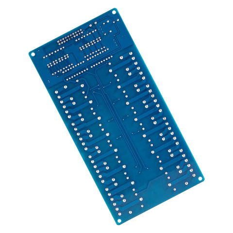 Sixteen Channel 12 Volt Relay Module Board For Arduino And Microcontrollers, High Current Relays Ready For DIY Projects, 10 Amp AC At 250 Volts And 12 Amp DC, Direct MCU Control, TTL Logic, Works With DSP AVR PIC ARM blue PCB back view