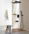 Shower Faucet Set, 12-Inch Rainfall Head, Handheld, Tub Spout, Matte Black installed in modern shower with clear glass walls.