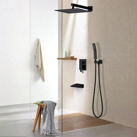 Shower Faucet Set, 12-Inch Rainfall Head, Handheld, Tub Spout, Matte Black installed in modern shower with clear glass walls.