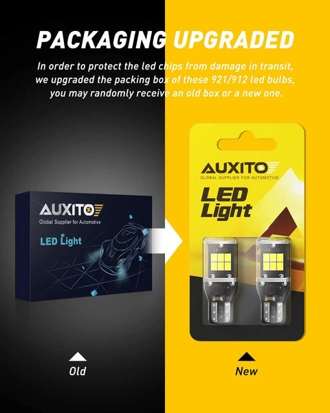 912 921 LED Bulbs For Backup Lights Ultra Bright 6000K White packaging comparison, old and new box design displayed
