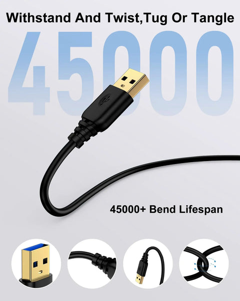Durable USB A To USB A Cable 6 Foot Long USB 3.0 High Speed Data Transfer Cable For Printer And Other Gear Fast Sync For PC Laptop Hard Drive Hub And More, black USB 3.0 A-to-A cable with gold connector and 45000+ bend lifespan