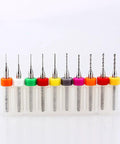 Carbide Micro Drill Bits Set 10 Piece 0.3mm To 1.2mm High Precision Tiny Bits with holders for jewelry making and metalwork.