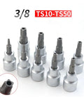 Top Notch 9pc Torx Screwdriver Bit Socket Set T10 To T50 Plus Pentalobe Star Bits For Heavy Duty Car And Gear Repair With Durable Cr-v Steel Construction And Super Strong Grip That Gets The Job Done Smoothly. 3/8 TS10-TS50 CR-V bit socket set