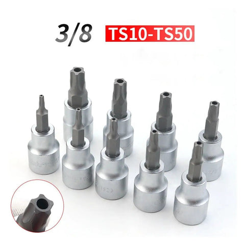 Top Notch 9pc Torx Screwdriver Bit Socket Set T10 To T50 Plus Pentalobe Star Bits For Heavy Duty Car And Gear Repair With Durable Cr-v Steel Construction And Super Strong Grip That Gets The Job Done Smoothly. 3/8 TS10-TS50 CR-V bit socket set