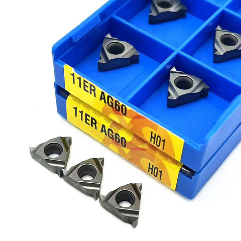 Carbide turning inserts 11ER AG60 H01 in blue plastic organizer box (front view)