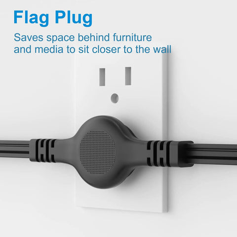 Twin 12 Foot Flat Plug Extension Cord With Six Outlets Per Side plugged into wall outlet, showing wall hugger design.