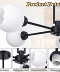 Detailed view of Matte Black 5 Light Globe Sputnik Chandelier for Dining Room Kitchen Living Room and Bedroom with frosted shades