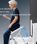 Senior using Heavy Duty Electric Toilet Seat Raiser With Solid Grip Handles Adjustable Height Lift Chair near toilet.