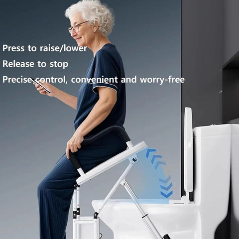 Heavy Duty Electric Toilet Seat Raiser With Sturdy Handles And Rechargeable Battery Crafted For Seniors And Post Surgery Patients Supports Two Hundred Twenty Pounds, a woman using remote control while seated.