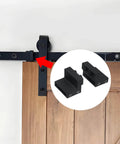 Four Pack Black Barn Door Roller Stopper Hardware For 1.61 Inch By 0.28 Inch Track And 41 By 7 Millimeter Rails installed on wood door