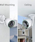 Outdoor Security Cam With Color Night Vision, AI Person Detection shown mounted on wall and ceiling
