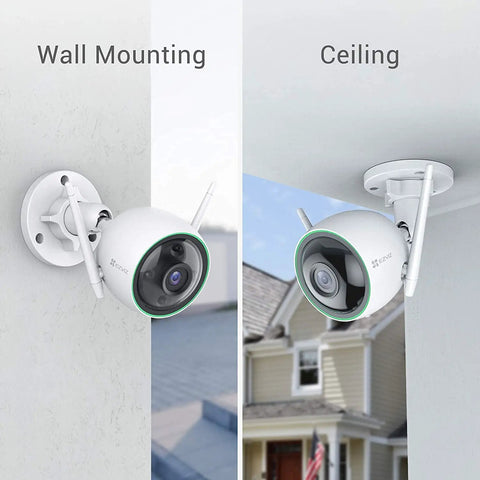 Outdoor Security Cam With Color Night Vision, AI Person Detection shown mounted on wall and ceiling