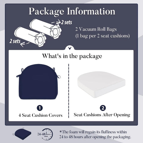 Package contents of Outdoor Cushions For Patio Furniture Set Of 4 19 By 19 By 3 Inch Thick Waterproof And UV Resistant Navy Blue Chair Cushions