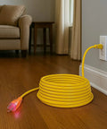 10 Gauge 100 Ft Extension Cord 15 Amp 10 3 Grounded Outdoor Contractor Grade Power Cord with Lighted Ends coiled on floor