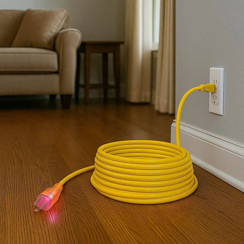 10 Gauge 100 Ft Extension Cord 15 Amp 10 3 Grounded Outdoor Contractor Grade Power Cord with Lighted Ends coiled on floor
