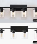 Dope Four Light Matte Black Vanity Lights With Clear Glass Shades For Bathroom Hallway Kitchen And Bedroom Wall Sconce Lighting Up Or Down Install Boosts Brightness And Style For Any Modern Home, shown switched on and off.