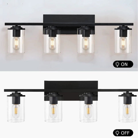 Dope Four Light Matte Black Vanity Lights With Clear Glass Shades For Bathroom Hallway Kitchen And Bedroom Wall Sconce Lighting Up Or Down Install Boosts Brightness And Style For Any Modern Home, shown switched on and off.