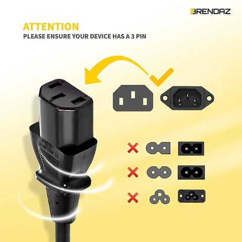 3 Prong AC Power Cord For PC, Monitor, Printer Replacement Cable with IEC 320 C13 to NEMA 5-15P, 18AWG, shown for connection types
