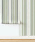 Farmhouse Matte Wallpaper Dope Linen Texture Hella Durable PVC Free Wall Covering showing green and beige striped pattern.