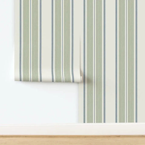Farmhouse Matte Wallpaper Dope Linen Texture Hella Durable PVC Free Wall Covering showing green and beige striped pattern.