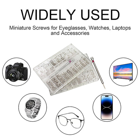 Micro Screw Repair Kit With Precision Screwdriver, 630 Silver Stainless Micro Screws In 18 Sizes for glasses, watches, electronics.