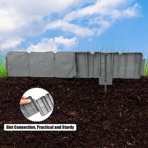 24 Foot Stone Look Landscape Edging Kit With 30 Panels And 30 Anchoring Spikes displayed in garden soil with slot connection detail inset.