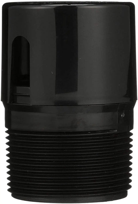 In Line ABS Drain Vent 2x2 13/16 Inches, spring-loaded valve in black, side view showcasing threads and vent opening, 3-pack.