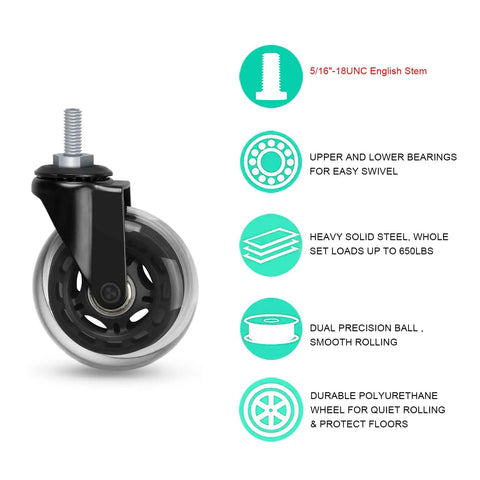 Dead Quiet 3 Inch Office Chair Casters With Standard 5/16 Thread Coarse Stem Smooth Ride Replacement Wheels close-up showing polyurethane wheel and stem.