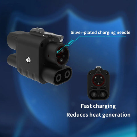 CCS2 To CCS1 EV Charger Adapter With DC And AC Dual Modes Bringing Hella Fast Charging Up To 1000V And 400A black plug close-up with silver-plated charging needle.