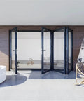 Premium Aluminum Bifold Door 120X96 Black With Four Low E Tempered Glass Panels Space Saving Accordion Entryway For Patio Or Indoors featuring a smooth glide design.