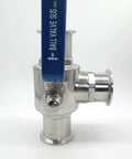 Geife 2-inch tri-clamp sanitary 3-way ball valve with blue handle; stainless steel 304 body, PTFE seat