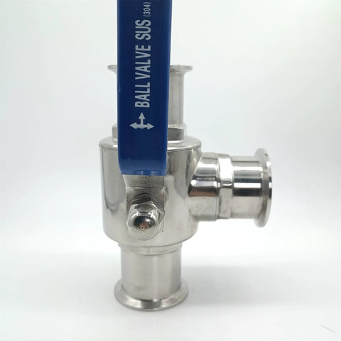 Geife 2-inch tri-clamp sanitary 3-way ball valve with blue handle; stainless steel 304 body, PTFE seat
