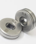 Front view of two 25mm steel wire feed drive rollers with 0.6/0.8mm grooves for SSJ16 wire feeders