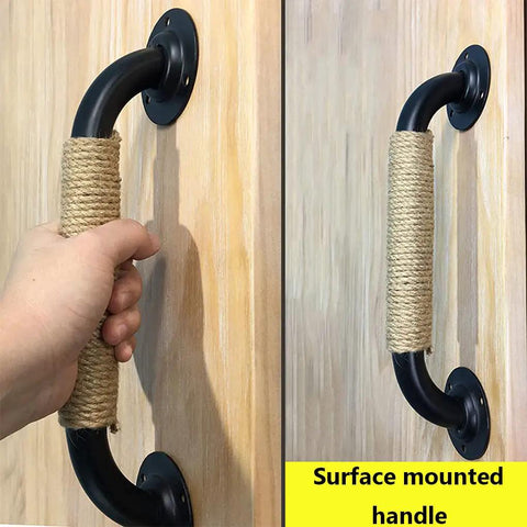 Industrial Style Wrought Iron Cabinet And Barn Door Handles With Hemp Rope Pulls, mounted on a wooden surface
